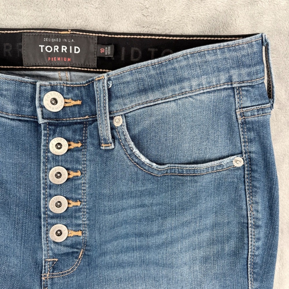 Torrid Premium Jeans Womens 10 High Rise Button‎ Fly Raw Hem Distressed Cropped